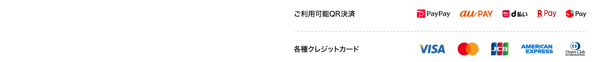 ご利用可能QRコード決済 paypay,aupay,d払い,Rpay,メルペイ,LINEpay 各種クレジットカード VISA,マスター,JCB,AMERICAN EXPRESS,dinersclub